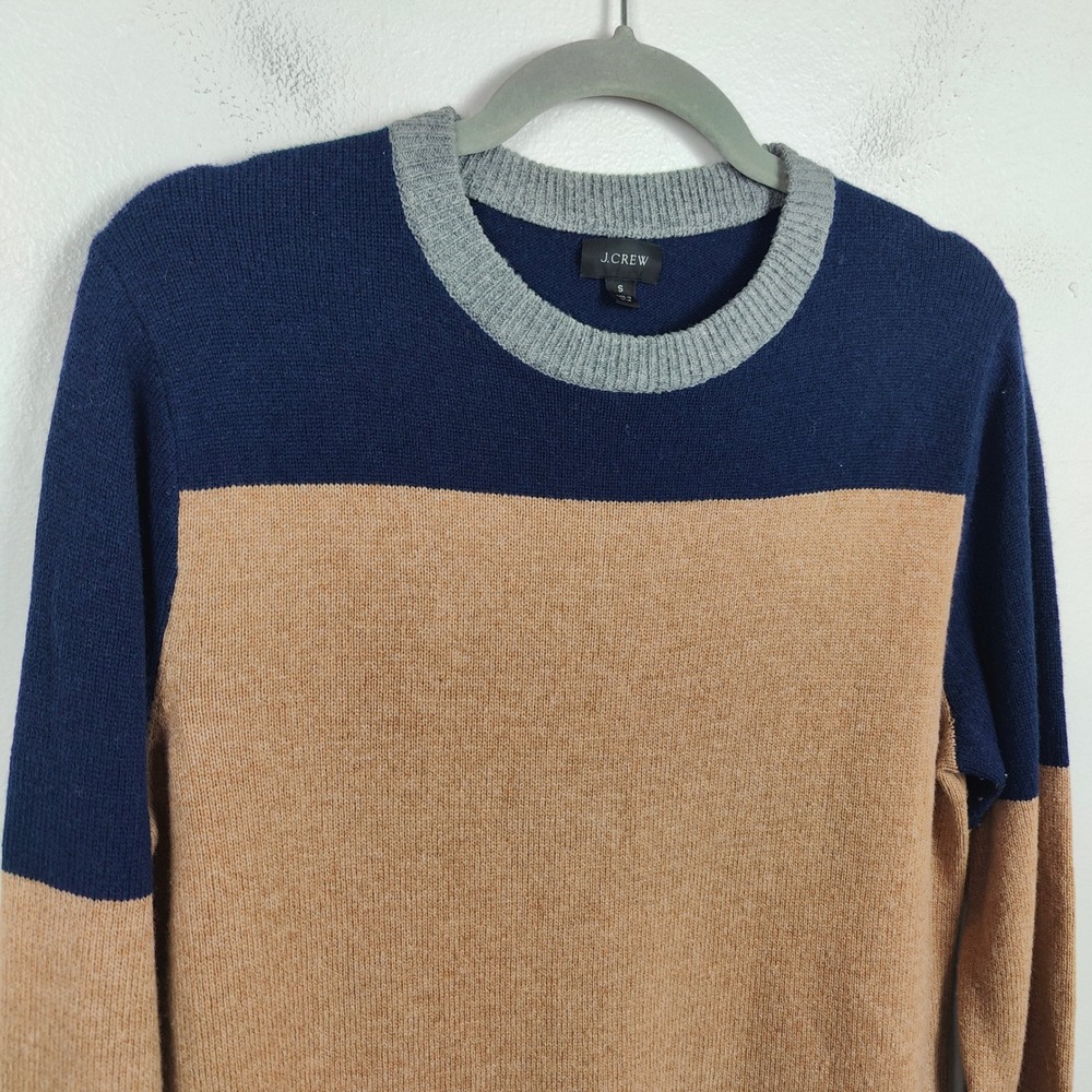 J Crew Sweater Mens Small Colorblock Merino Wool Blend Sweater Navy Tan Grey - Picture 3 of 12